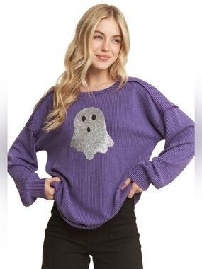 Halloween Purple Ribbed Long Sleeve Ghost Top